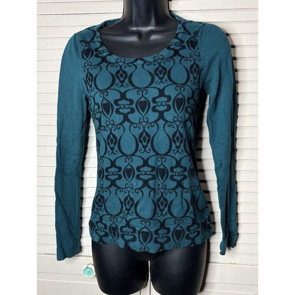 Mossimo Turquoise/Black Paisley Knit Long Sleeve Sweater‎ Size Small Scoop Neck